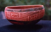 Native American Prehistoric Item - Four Mile Polychrome Bowl Pottery. Black with a Turquoise Tint and White Lined Redware